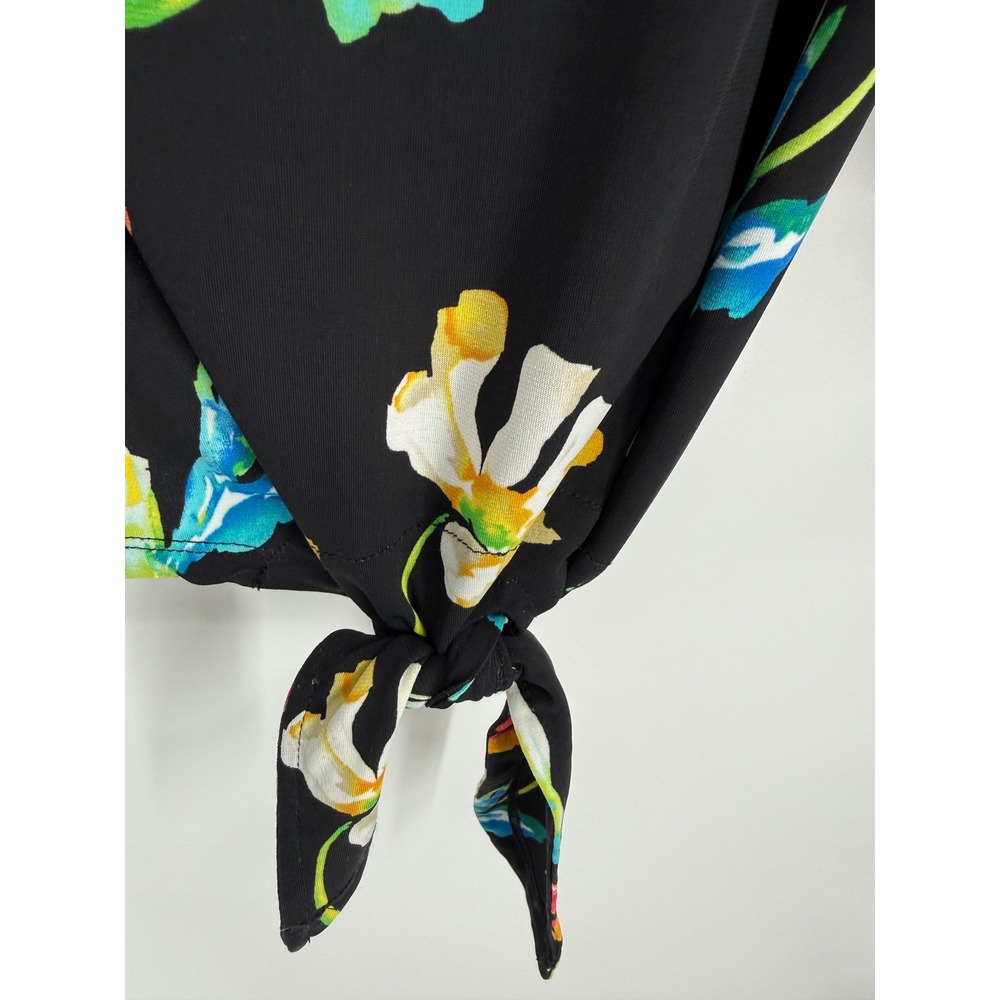 Rafaella Floral Tie Front Top Womens Medium Black Split Sleeve Scoop Neck Blouse - Picture 3 of 7
